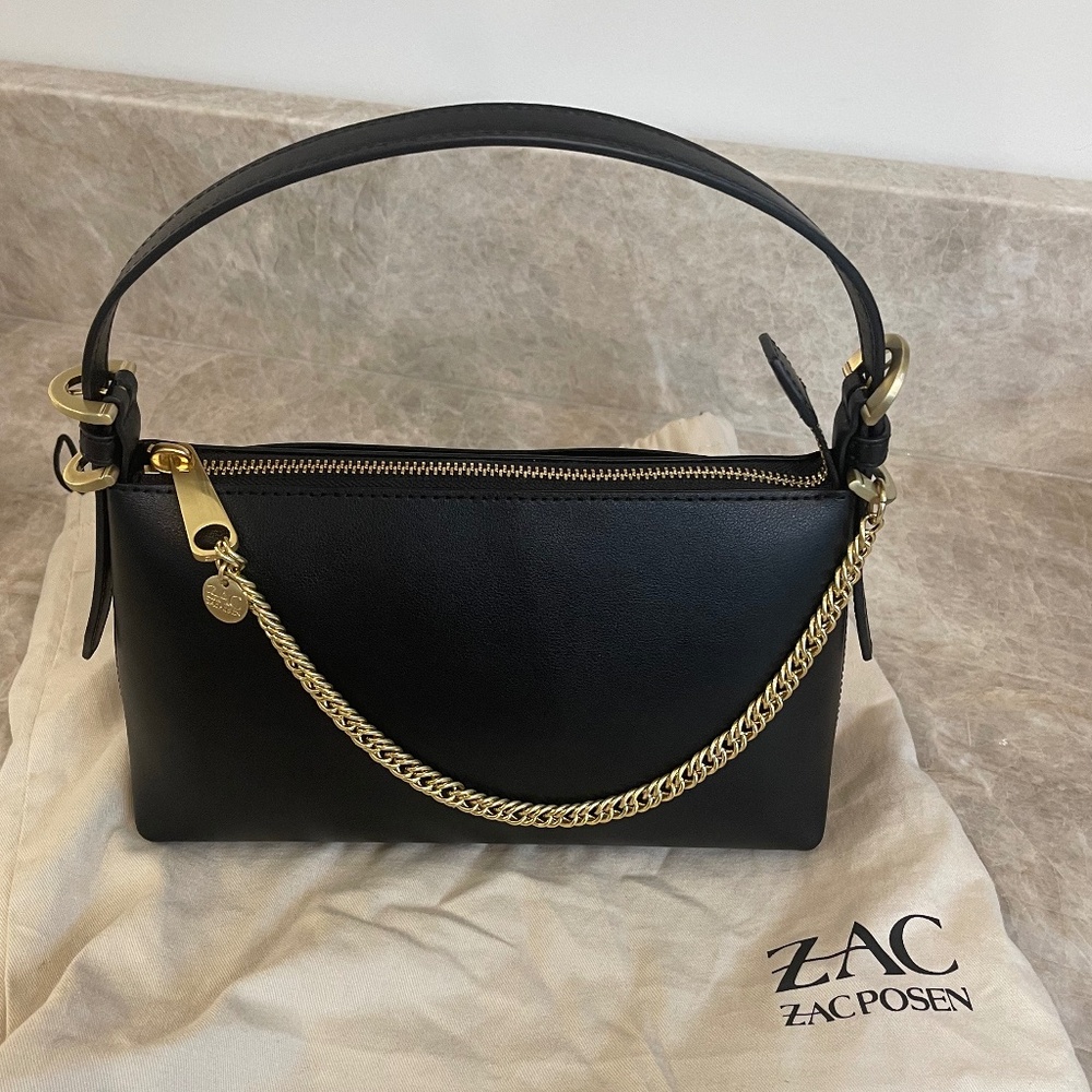 Zac Posen black crossbody purse with gold chain and removable strap